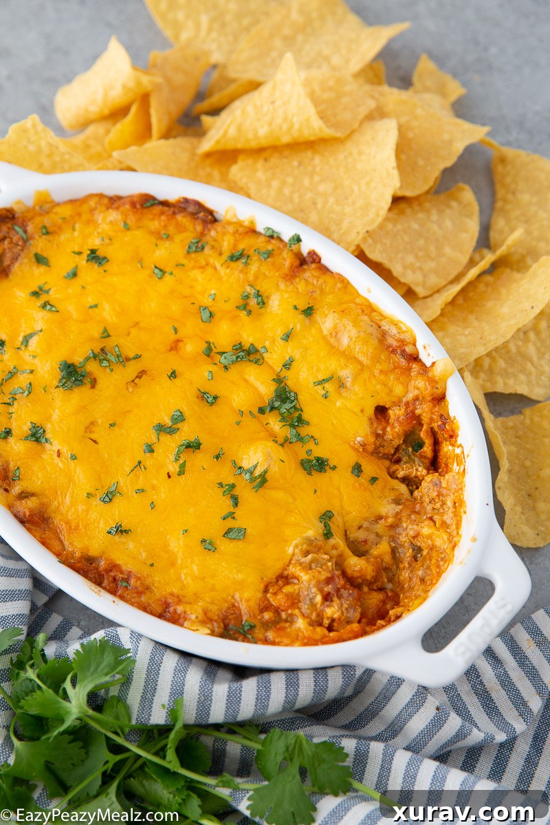 Taco dip, is a tasty cheesy chip dip. 