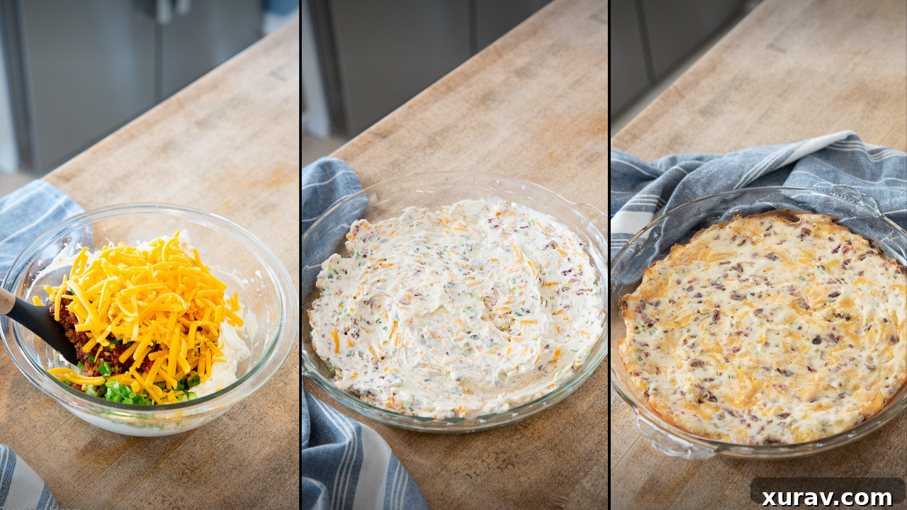 Step-by-step image showing the creamy cheese mixture being spread into a baking dish before baking.