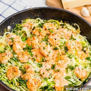 Delicious zucchini noodles with shrimp scampi