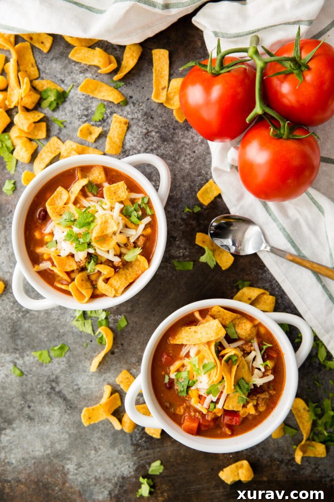 A close-up of Taco Soup, showcasing a quick, easy, and healthful recipe.